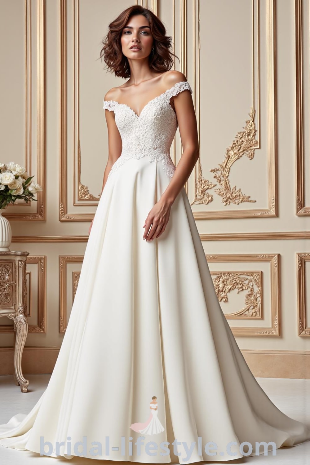 A stunning A-line wedding dress featuring an off-the-shoulder design, intricate lace neckline, flowing satin skirt, and a delicate train, enhanced with glimmering accents. bridal-lifestyle.com