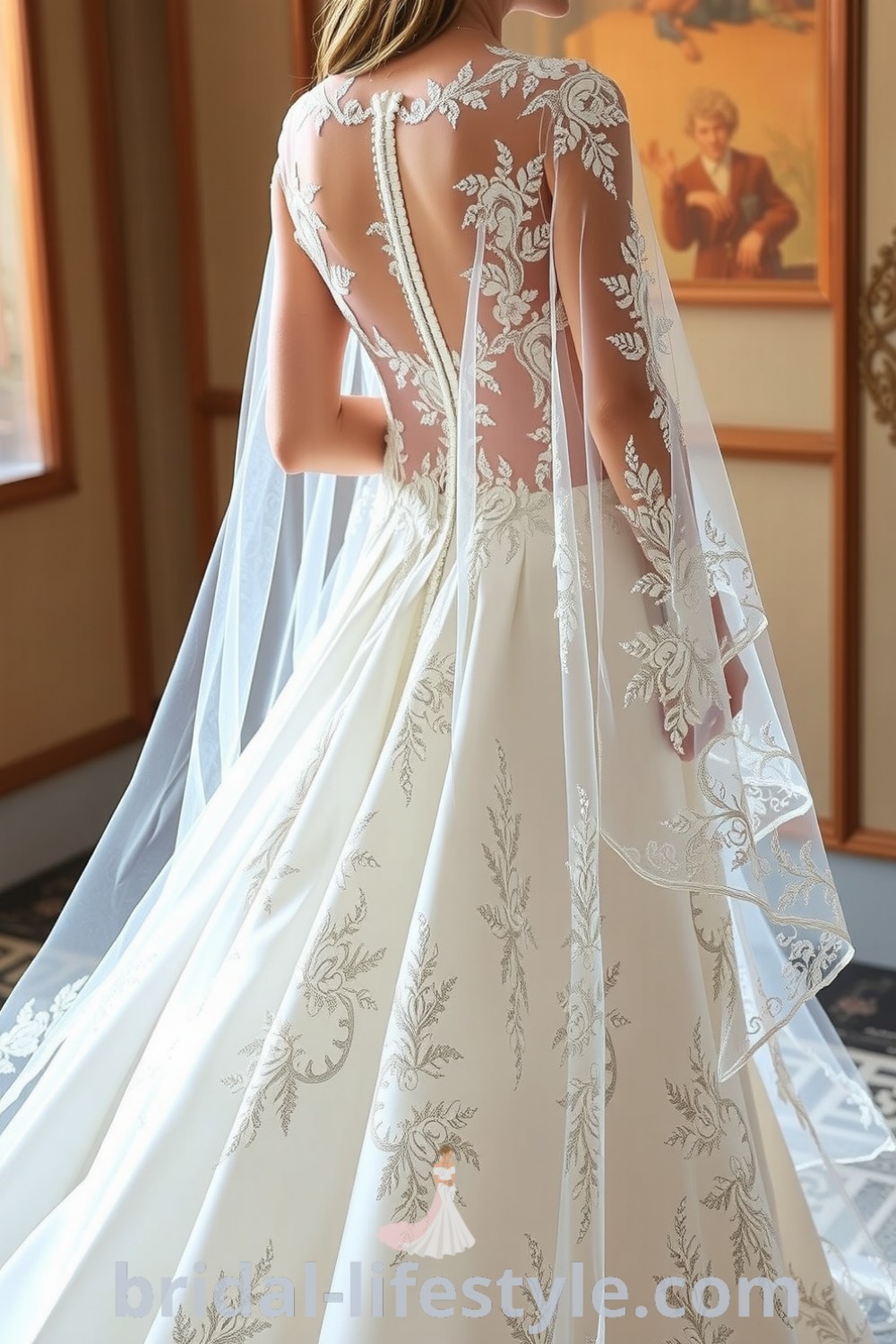 Vintage lace wedding dress with intricate floral patterns, fitted bodice, flowing A-line skirt, and sheer lace sleeves, enhancing the bride