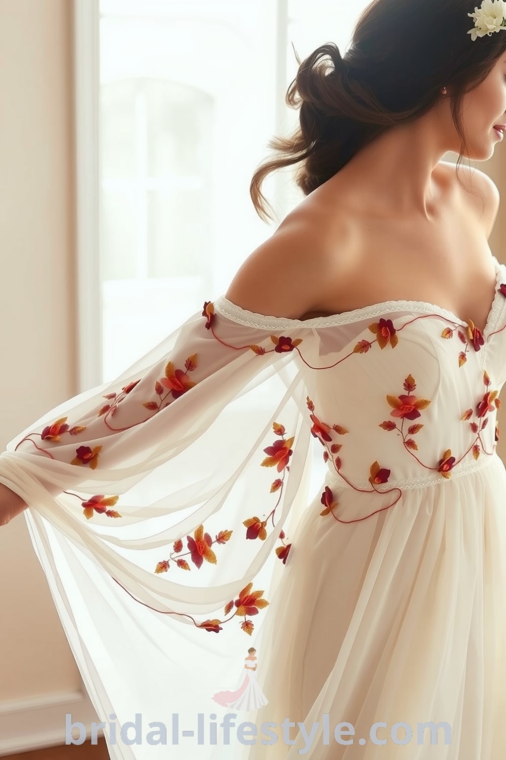 Bohemian wedding dress with floral appliqués, soft chiffon layers, and off-the-shoulder neckline, designed for outdoor celebrations. bridal-lifestyle.com