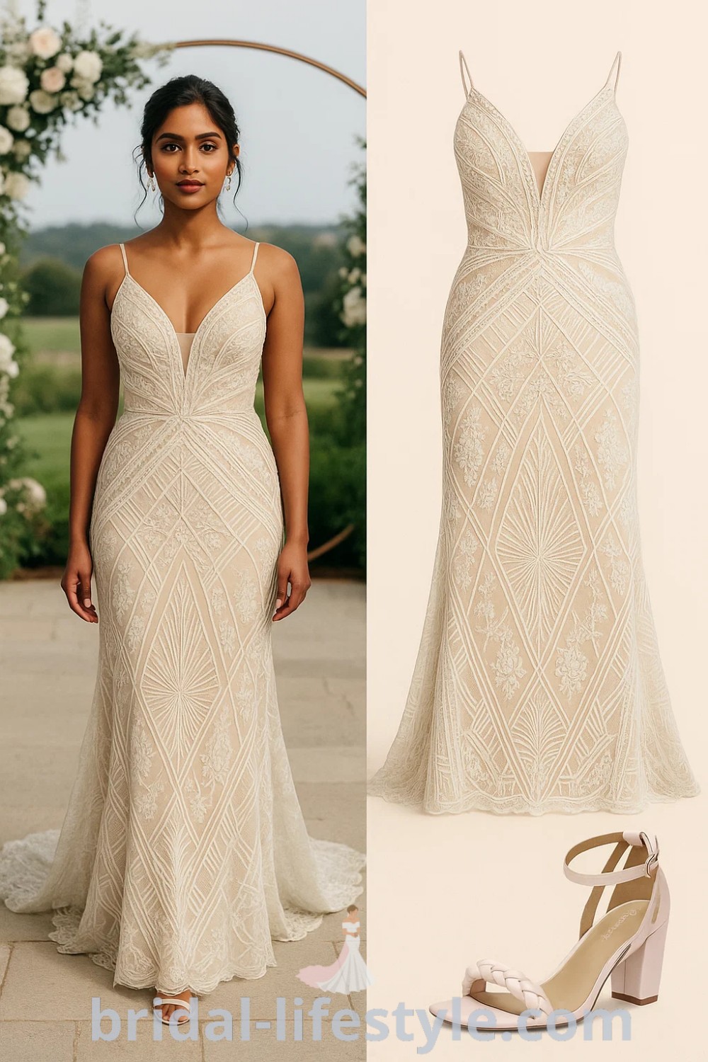 elegant ivory gown with lace embellishments, blush strappy high heels, fitted bodice with flare, ideal for weddings and formal events, featured on pinshoesoutfits.com