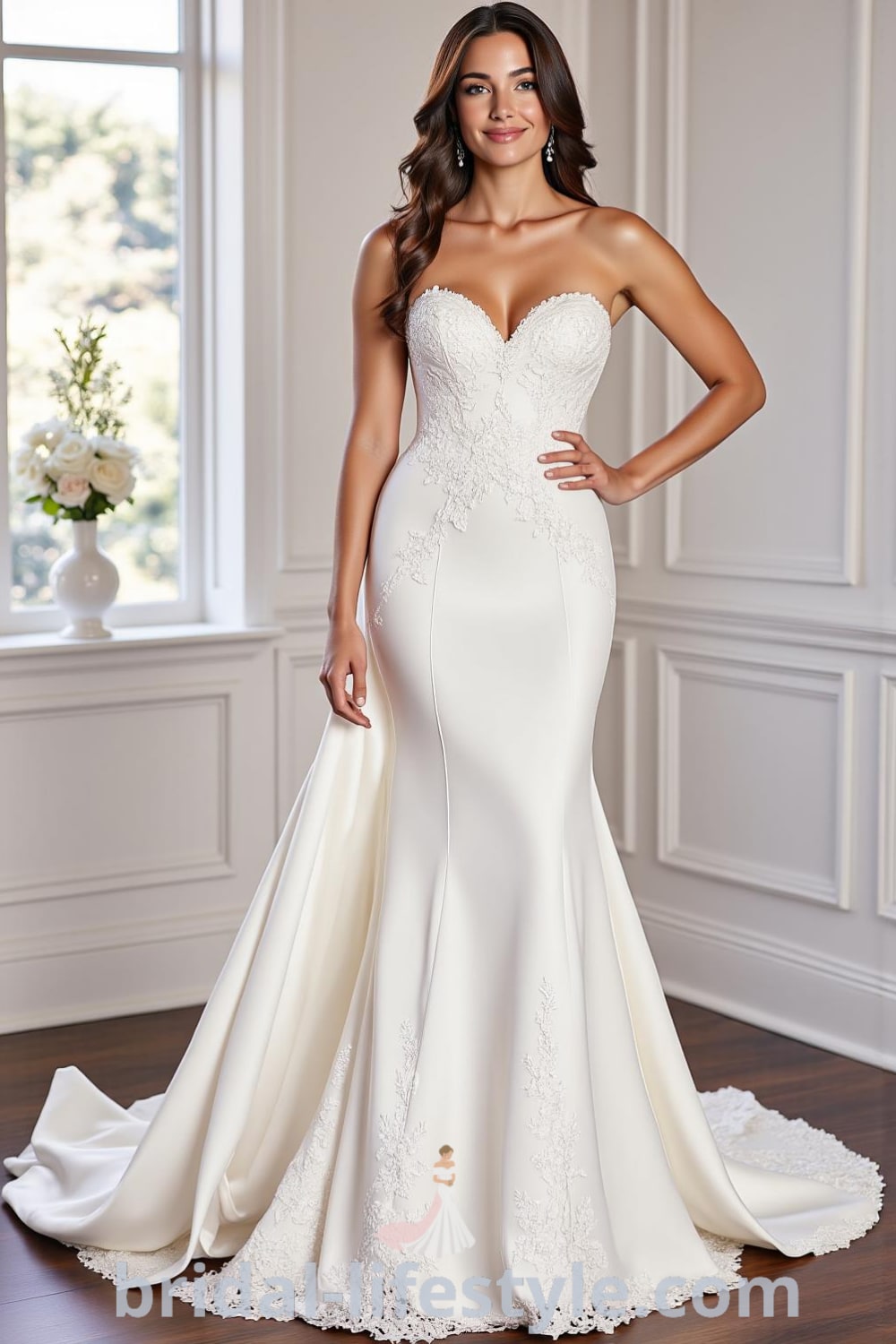 Mermaid wedding dress made from luxurious satin with strapless design, intricate lace appliqués on the hips, and a delicate train. bridal-lifestyle.com