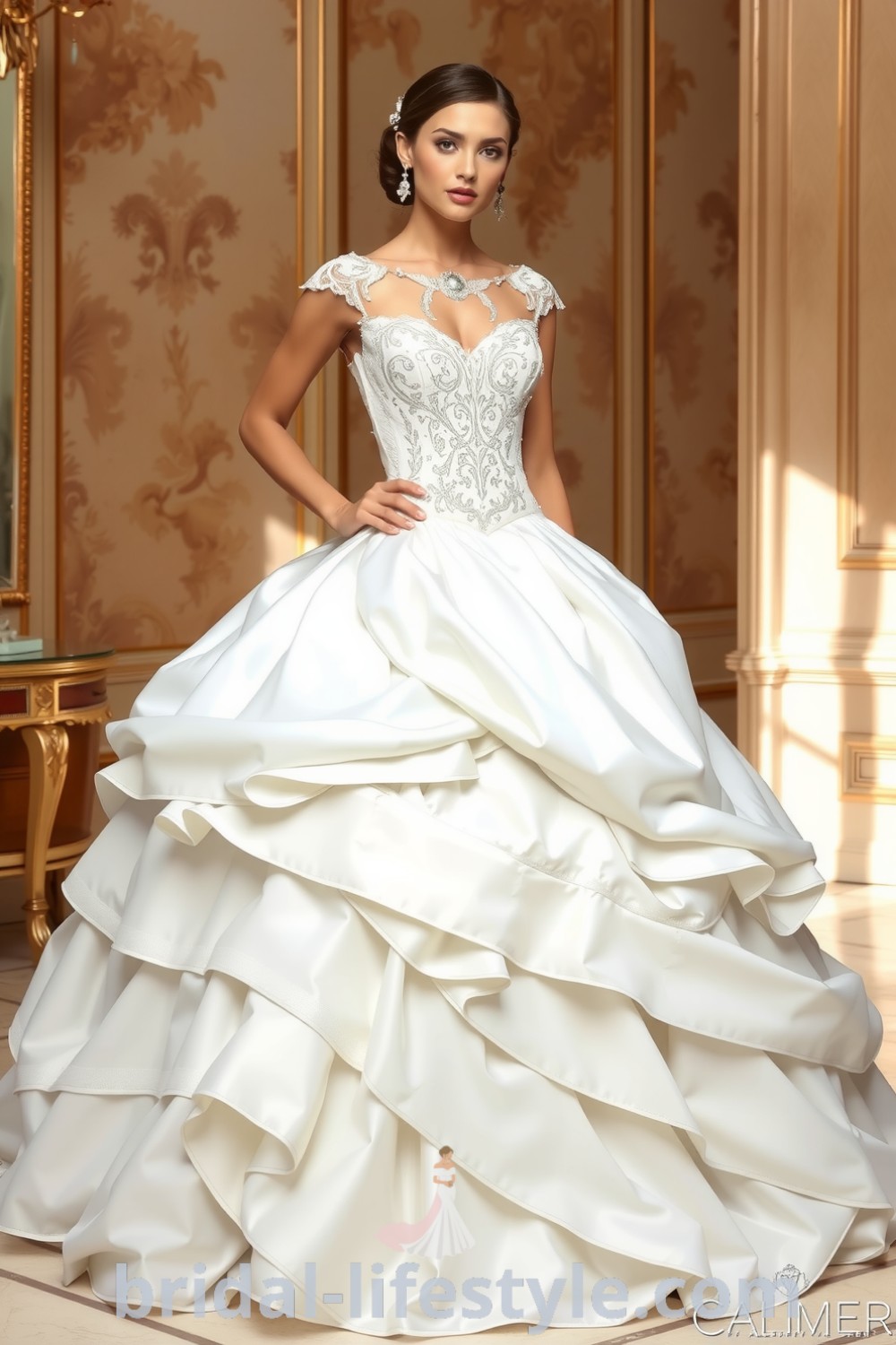 Stunning princess ballgown with satin layers, delicate lace, fitted bodice, and intricate beadwork, embodying elegance and dreamy aesthetics perfect for every bride