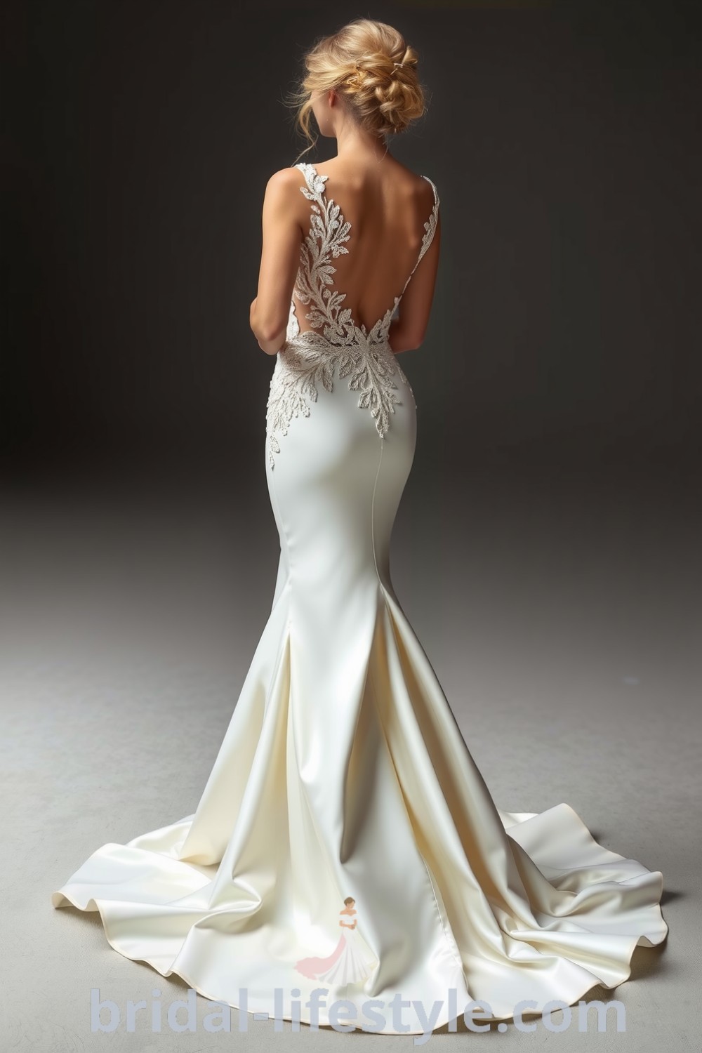 Elegant mermaid wedding dress in luxurious satin with intricate lace detailing, open back, and delicate train for a romantic bridal look. bridal-lifestyle.com