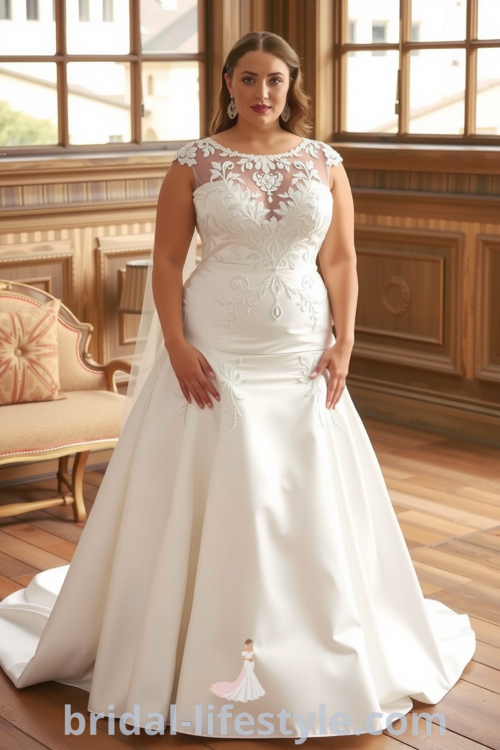 Fit and flare plus-size wedding dress with lace overlay, embellished bodice, and flowing skirt, featuring soft satin lining for luxury and comfort. bridal-lifestyle.com
