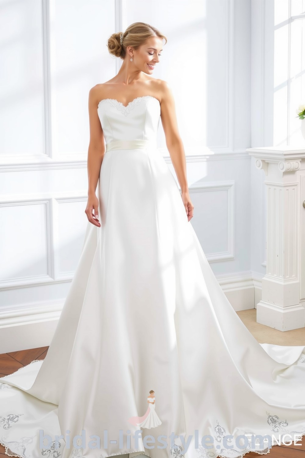 Fit and flare satin wedding dress with a sweetheart neckline and lace appliqués, enhancing the bride