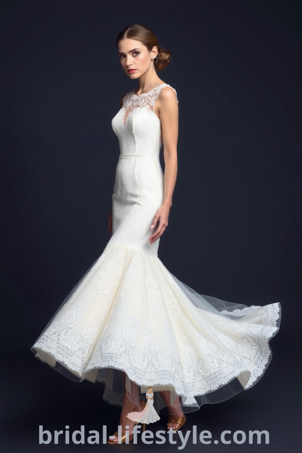Charming mermaid wedding dress with short length, intricate lace overlays, fitted bodice, playful skirt, and delicate neckline detailing, ideal for modern brides. bridal-lifestyle.com