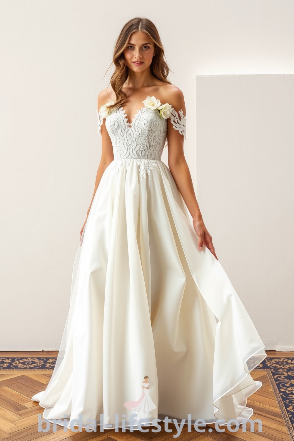 A romantic boho A-line wedding dress with soft lace and chiffon layers, floral appliqués, and an off-the-shoulder neckline, perfect for elegant outdoor ceremonies. bridal-lifestyle.com