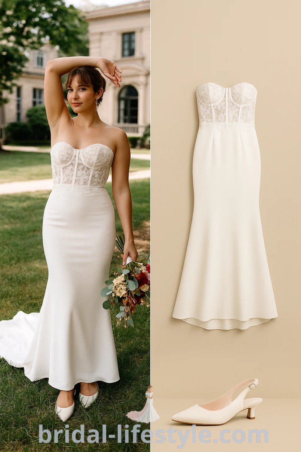 Fitted bodice with lace detailing and a mermaid cut skirt in white, complemented by silver earrings and modest heels, showcasing elegant wedding fashion from pinshoesoutfits.com.