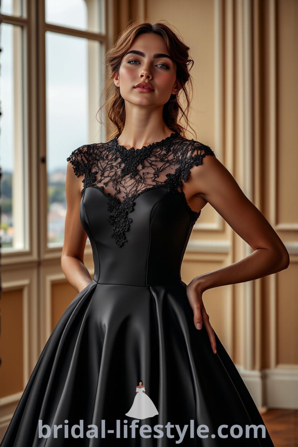 Stunning black wedding dress made of luxurious satin with structured bodice, intricate black lace overlays, voluminous floor-length skirt, and delicate lace neckline. bridal-lifestyle.com