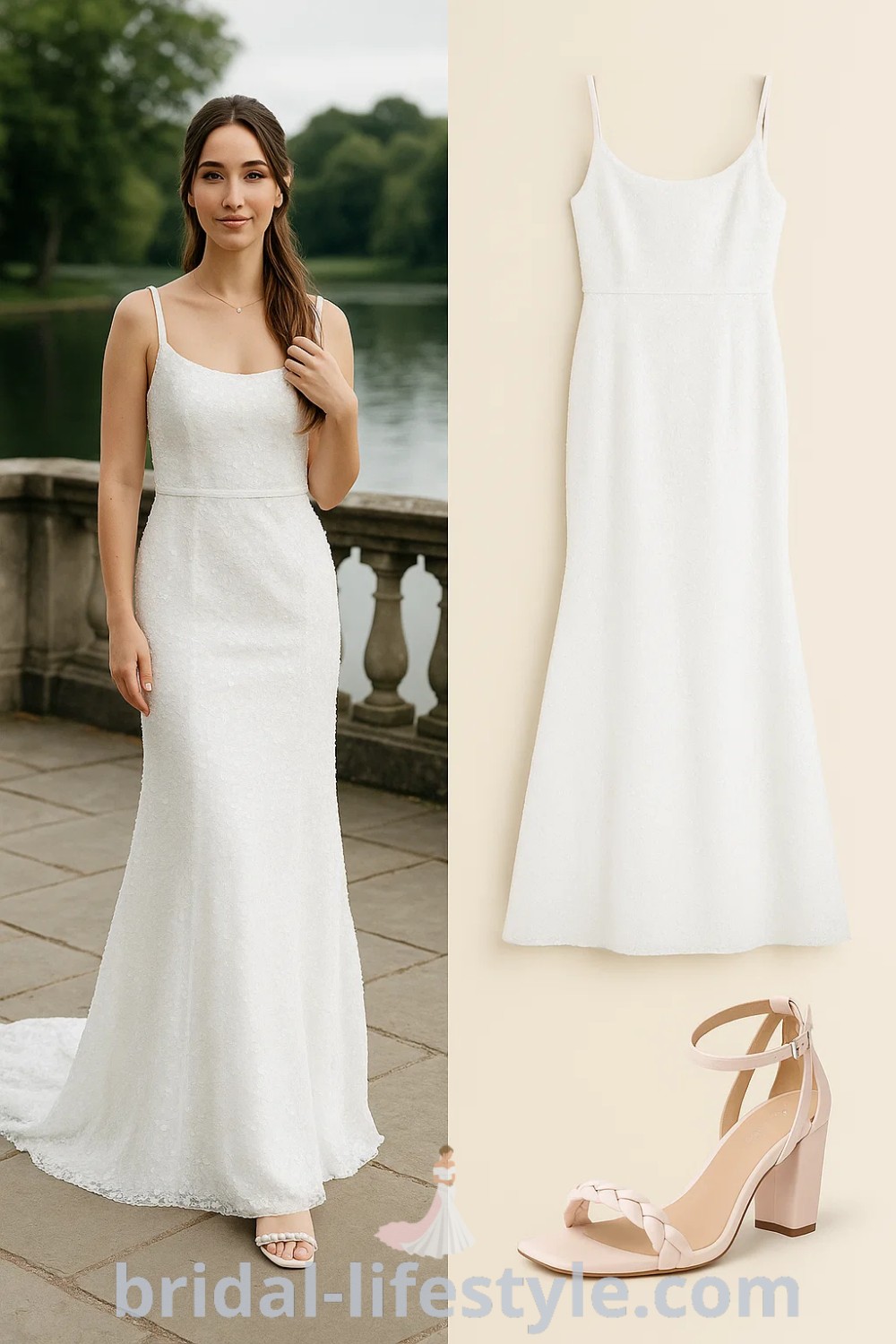 elegant mermaid tail wedding dress in white, sleeveless fitted design with flared bottom, complemented by light pink braided ankle strap sandals, perfect for whimsical brides and special occasions, featuring detachable sleeves for versatility, found on pinshoesoutfits.com