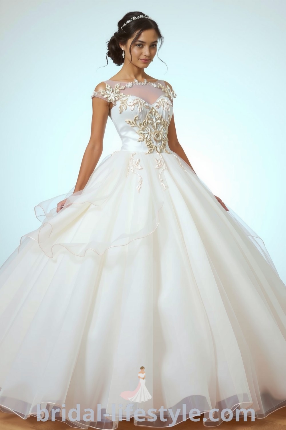 Elegant princess ballgown with intricate lace bodice, airy tulle layers, shimmering beadwork, and a voluminous skirt flowing to the floor. bridal-lifestyle.com