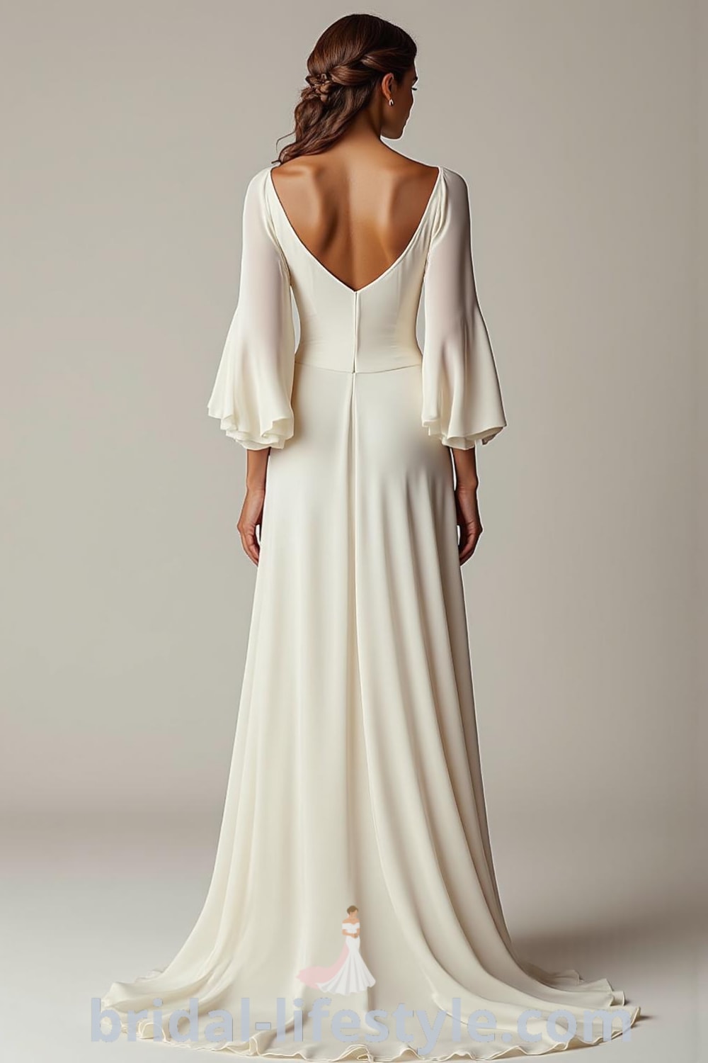A sleek minimalist wedding dress with long sleeves, A-line silhouette, smooth satin fabric, high neckline, and subtle back opening. bridal-lifestyle.com