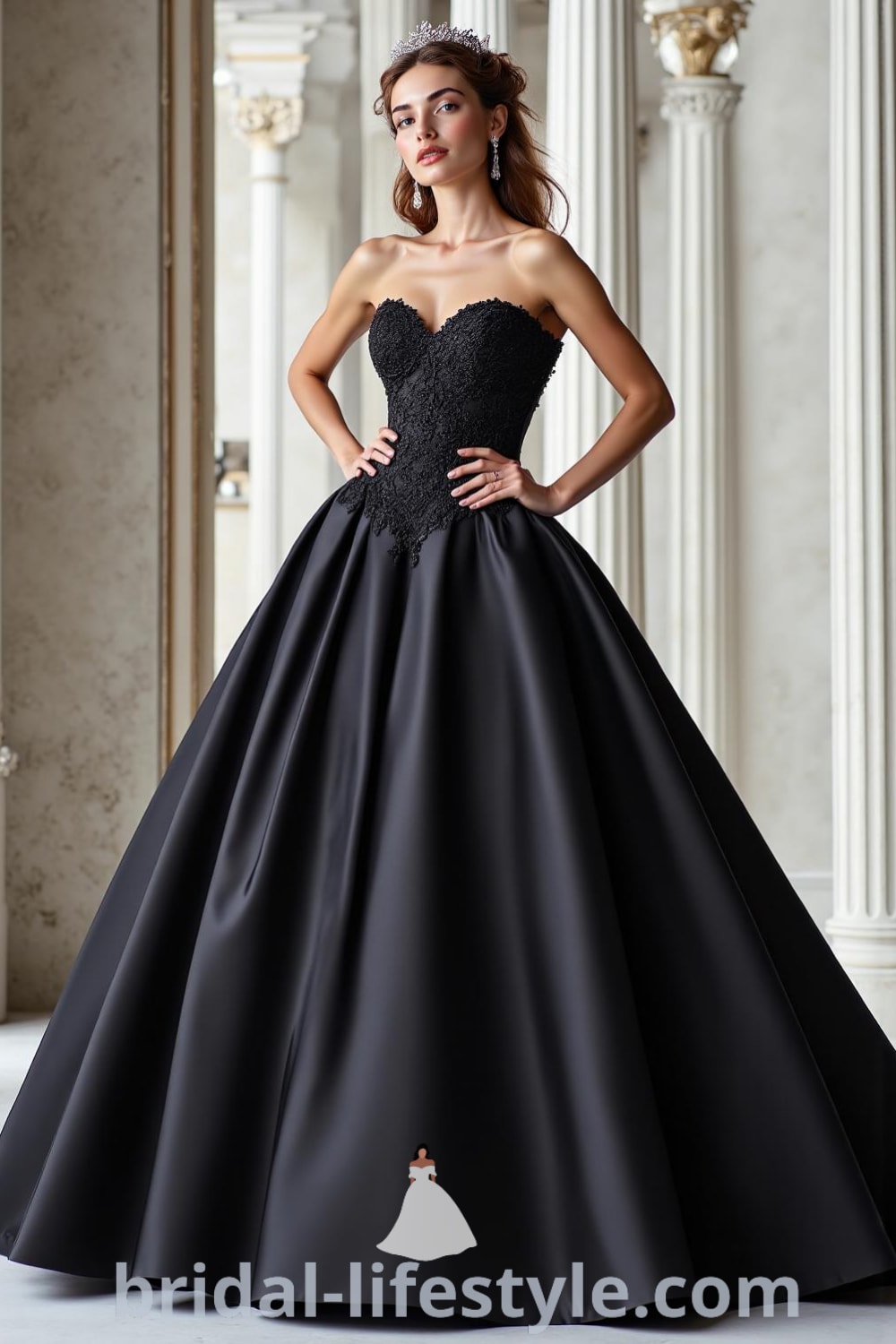A princess black wedding dress with a voluminous satin skirt, structured lace bodice, and sweetheart neckline, featuring a captivating shimmer in the light. bridal-lifestyle.com