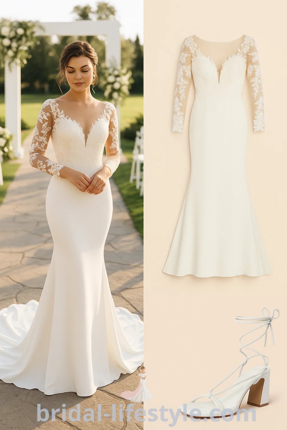 Mermaid Simple Wedding Gown in white with long lace sleeves and flared hem, paired with white strappy block heels, perfect for weddings and formal occasions, featured on pinshoesoutfits.com.