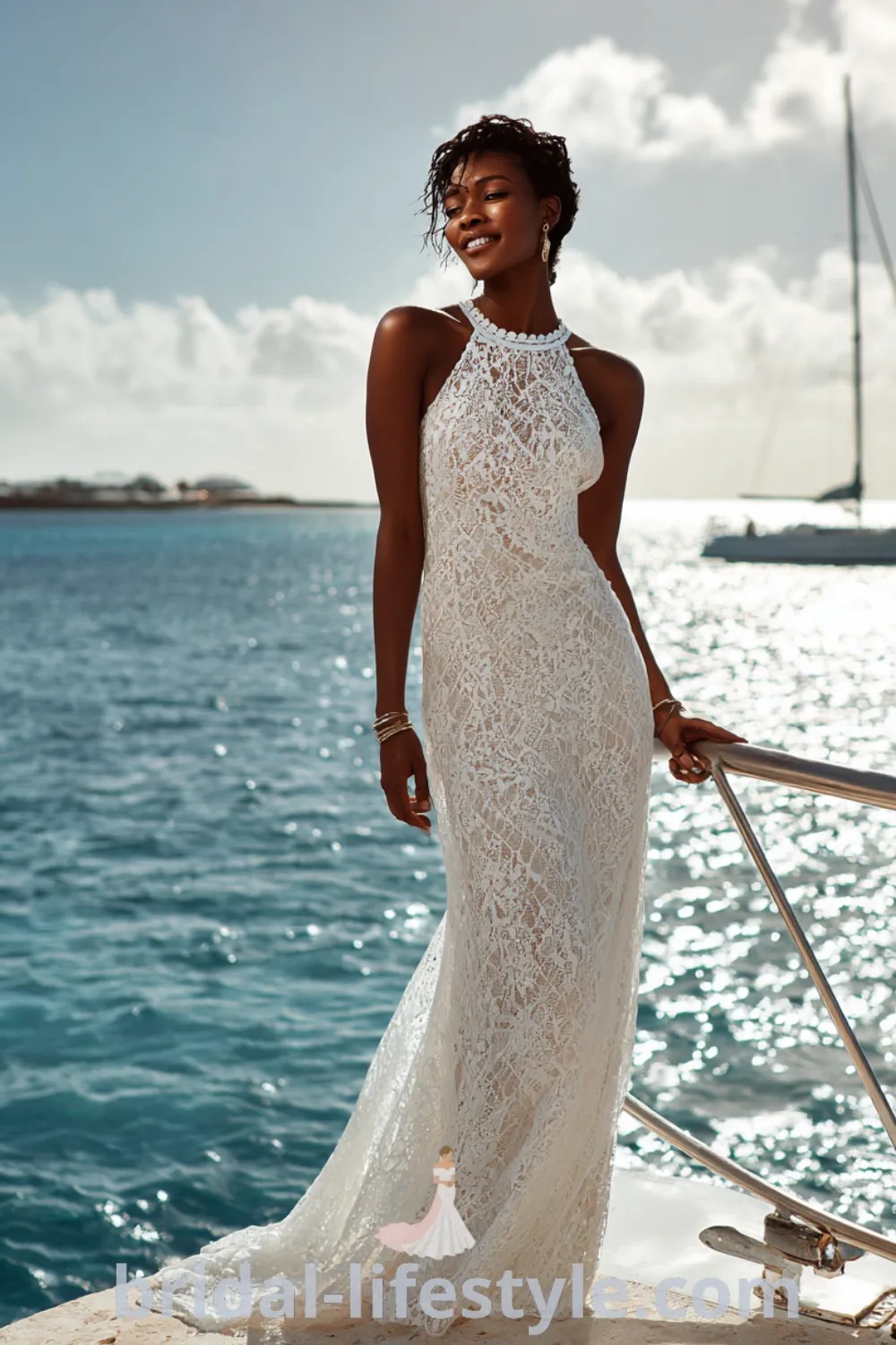 Effortless lace beach wedding dress, relaxed beach bridal look, dreamy beach setting, natural elegance bridal vibes.