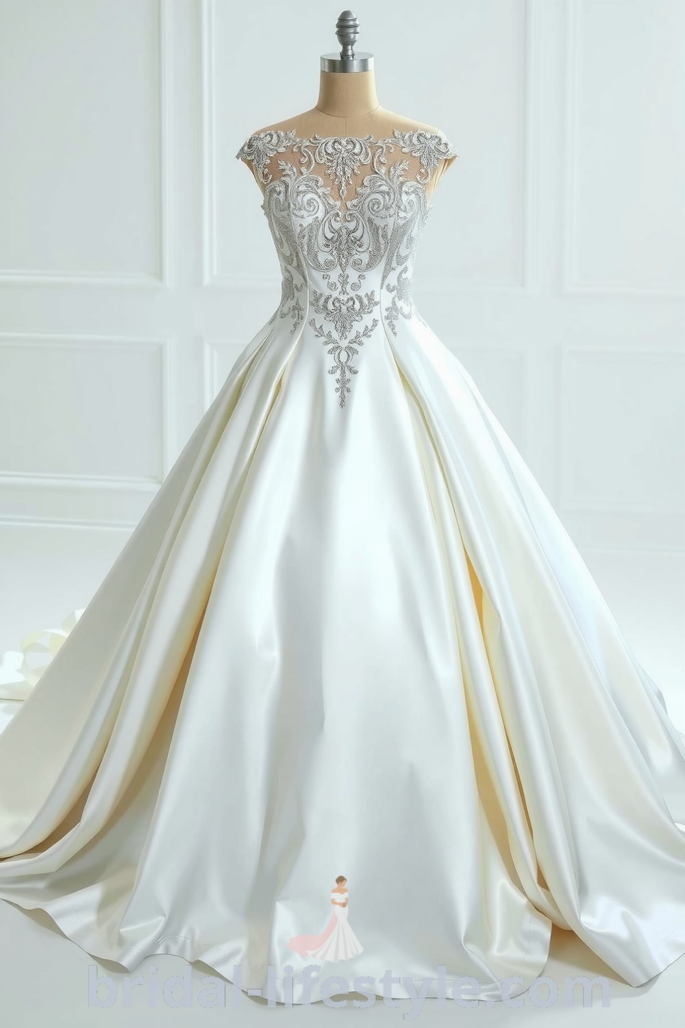 Satin princess wedding dress with elegant lace detailing and sparkling embellishments, featuring a voluminous skirt perfect for dreamy brides. bridal-lifestyle.com