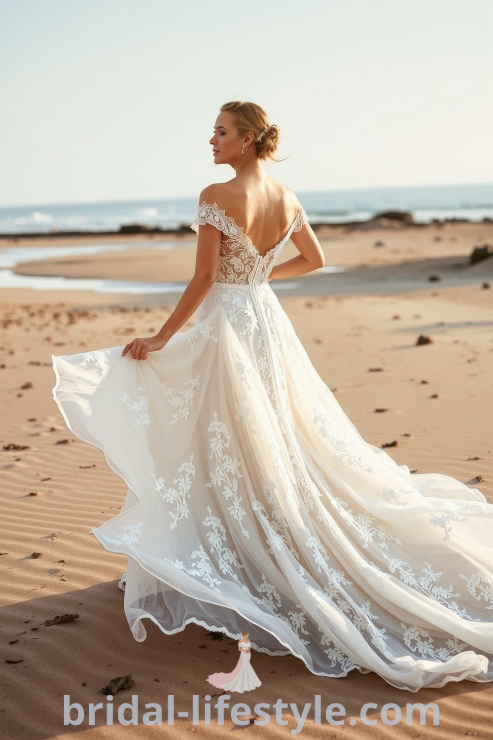 Boho-inspired beach wedding dress with layered lace, off-the-shoulder neckline, and tiered skirt, embellished with floral embroidery for a romantic look. bridal-lifestyle.com