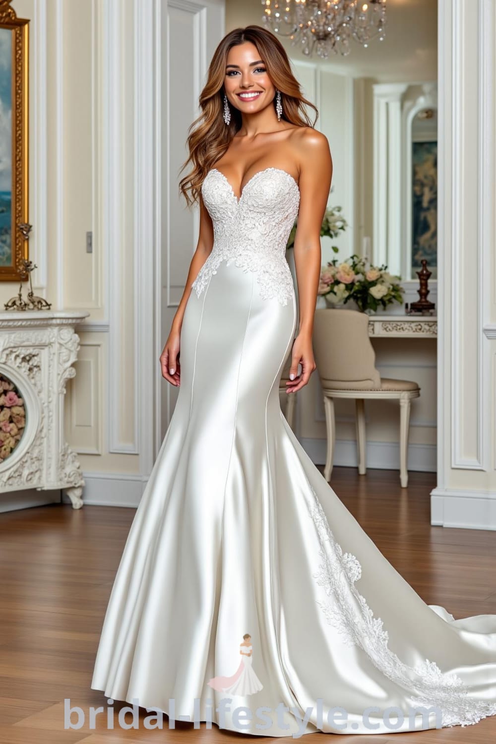 Mermaid wedding dress made from luxurious satin with a sweetheart neckline, featuring delicate lace appliqués and a dramatic train that catches the light beautifully. bridal-lifestyle.com