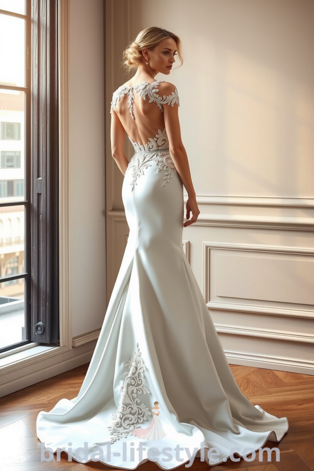 Elegant mermaid wedding dress with open back, luxurious satin fabric, intricate lace appliqués, showcasing a breathtaking silhouette ideal for dreamy brides. bridal-lifestyle.com