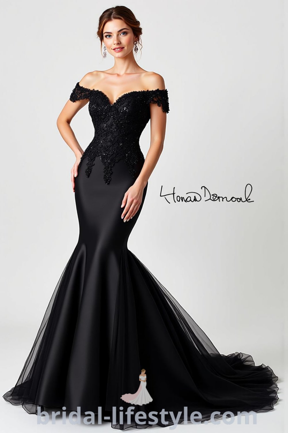 Mermaid wedding dress in black satin featuring lace appliqués, off-the-shoulder neckline, flared skirt at the knees, and a flowing tulle train. pinshoesoutfits.com