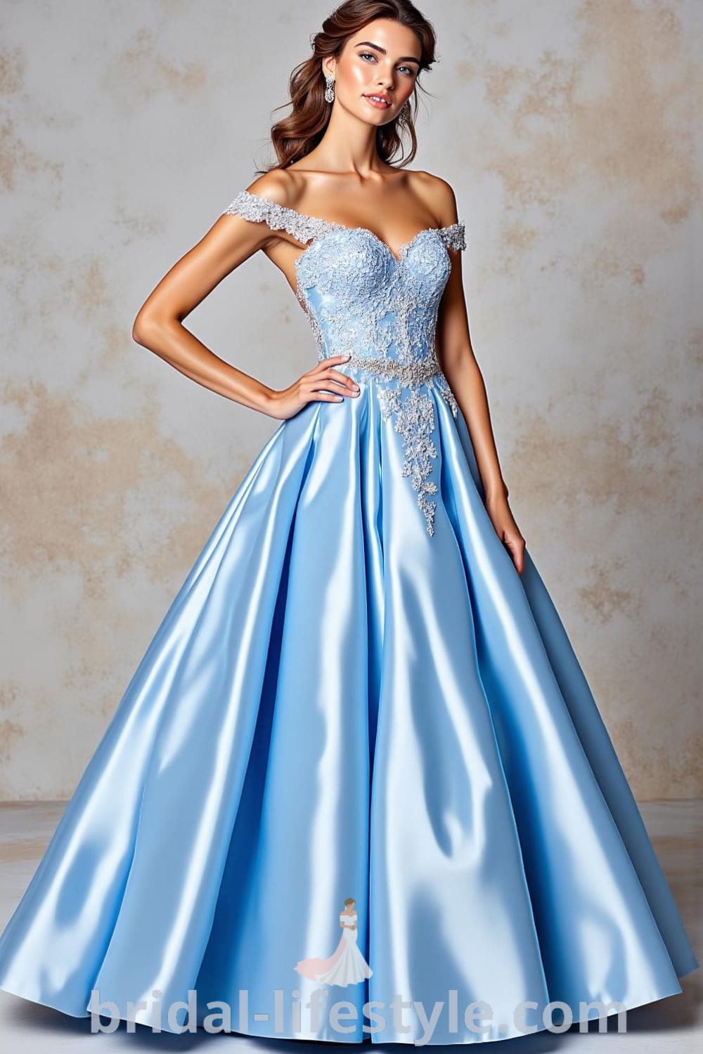A captivating Princess Blue wedding dress with a fitted bodice, lace appliqués, and a flowing satin ball gown skirt, featuring an off-the-shoulder neckline and sequin embellishments. bridal-lifestyle.com