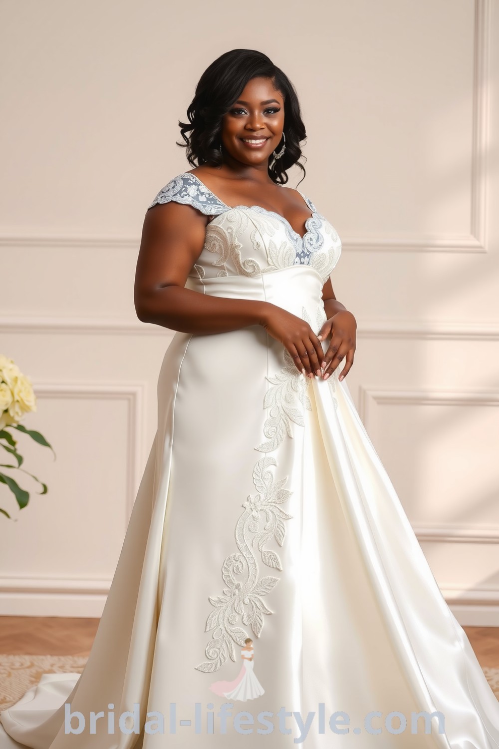 A beautiful Black bride in a fit and flare plus-size satin wedding dress with lace appliqués, sweetheart neckline, and cap sleeves. bridal-lifestyle.com