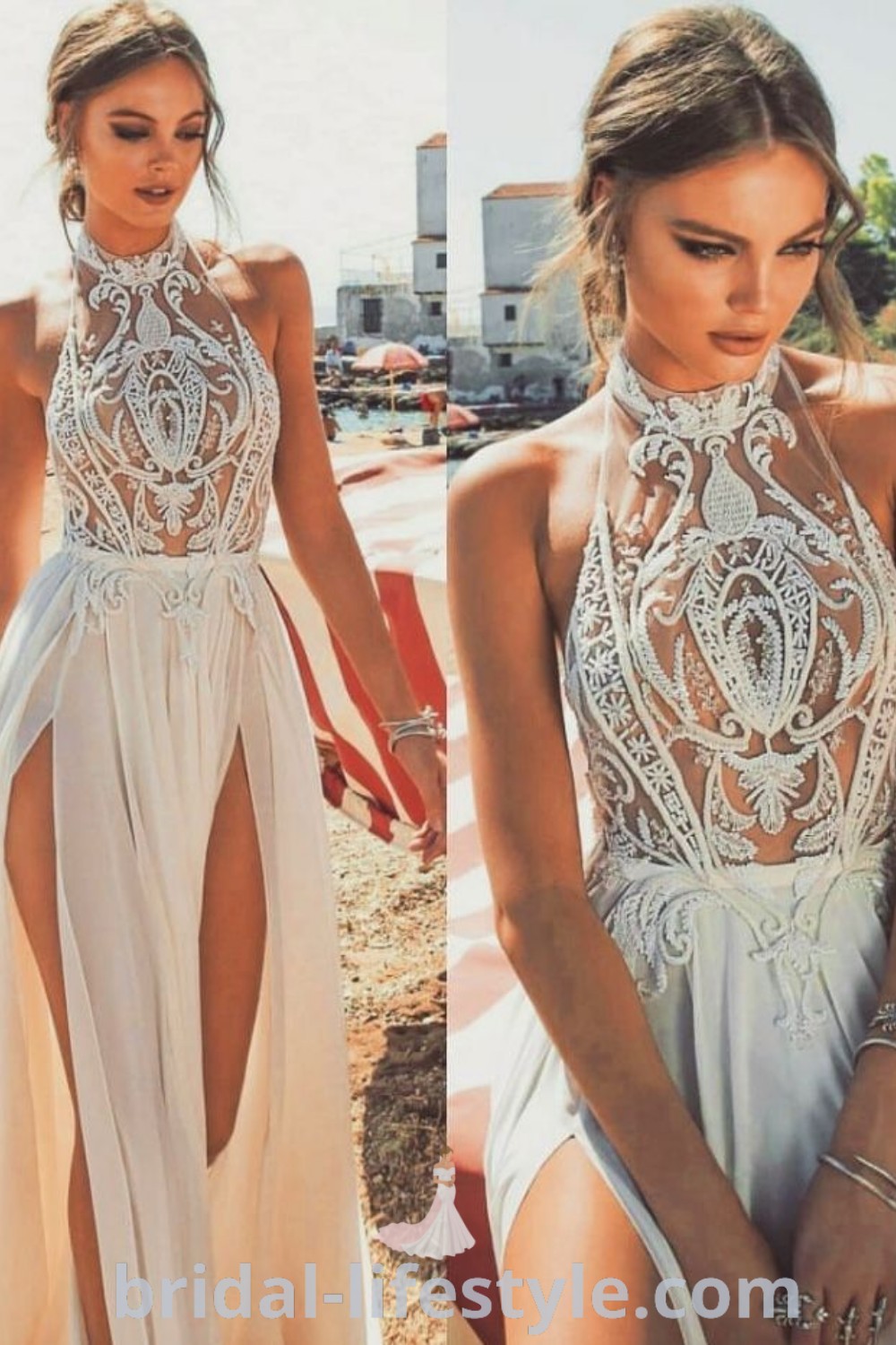 A woman in a white dress stands on the beach, representing elegant bridal fashion, perfect for dreamy brides looking for inspiration. This scene highlights the latest trends in long wedding dresses, bohemian styles, and wedding sign ideas, showcasing the beautiful aesthetic of bridal-lifestyle.com.
