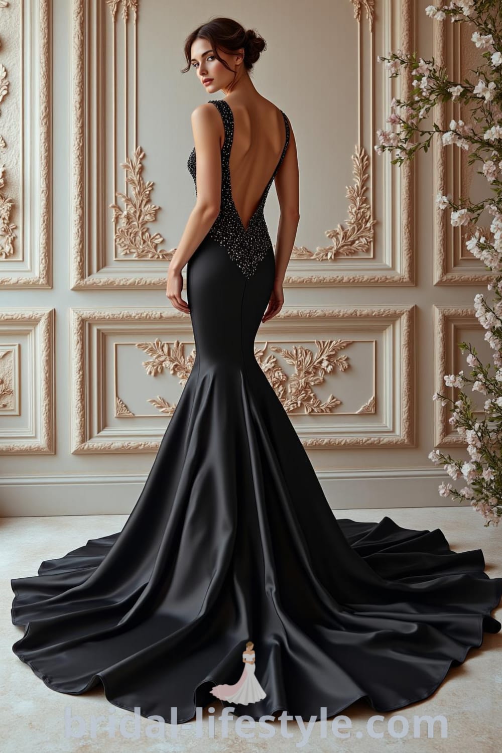 A luxurious black satin mermaid wedding dress featuring plunging back and side cut-outs, intricate lace appliqués, and a dramatic flared skirt for an elegant silhouette. pinshoesoutfits.com