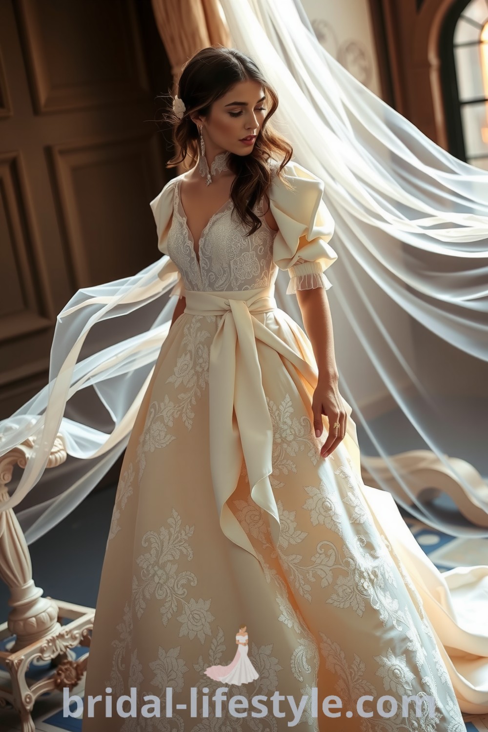 Vintage Victorian wedding dress with layers of lace and satin, featuring puffed sleeves, a high collar, and floral appliques, showcasing timeless elegance. bridal-lifestyle.com