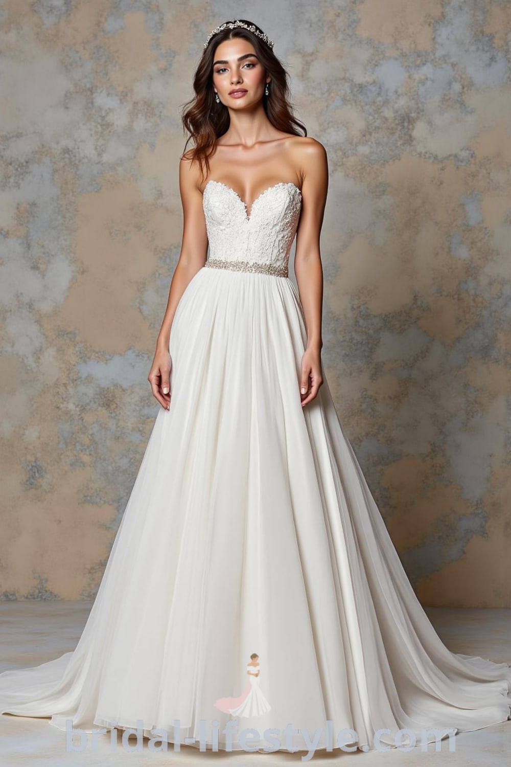 Elegant A-line strapless wedding dress with satin fabric, lace appliqués on bodice, and flowing skirt, showcasing a sweetheart neckline. bridal-lifestyle.com