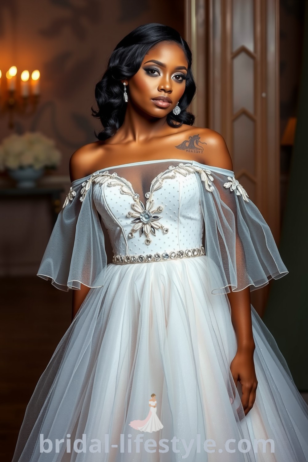 A bride wearing a mesmerizing off-the-shoulder glitter dress with shimmering tulle and intricate beadwork, capturing elegance and glamour for every bride