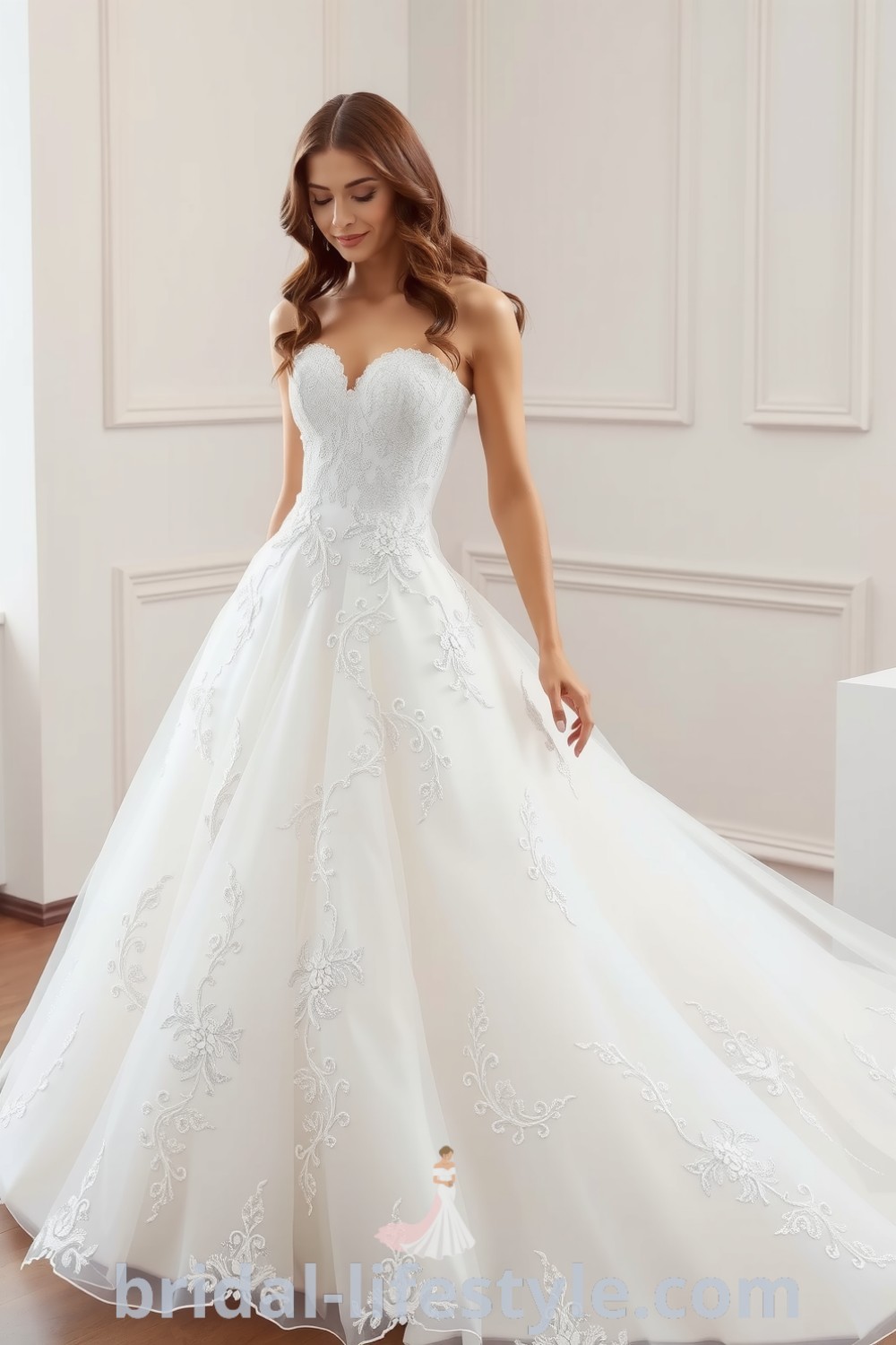 A stunning princess wedding dress with shimmering layers, intricate lace appliqués, and twinkling sequins, showcasing a fitted bodice and voluminous skirt, perfect for dreamy brides. bridal-lifestyle.com