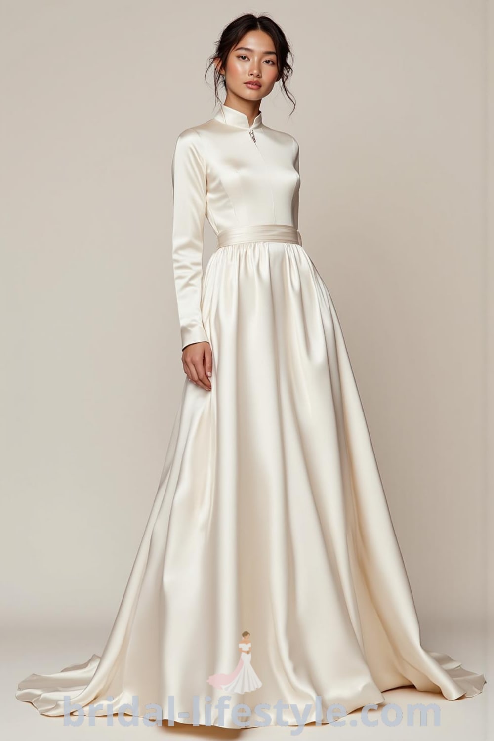 Chic minimalist wedding dress made of luxurious satin, featuring a structured silhouette, high neckline, flowing skirt, and open back. bridal-lifestyle.com