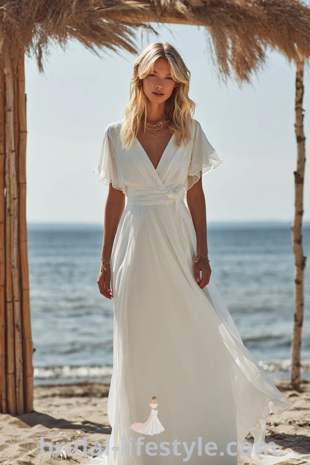 A-line boho beach wedding dress in soft chiffon, delicate flutter sleeves, effortless beach bridal style, relaxed bridal look.