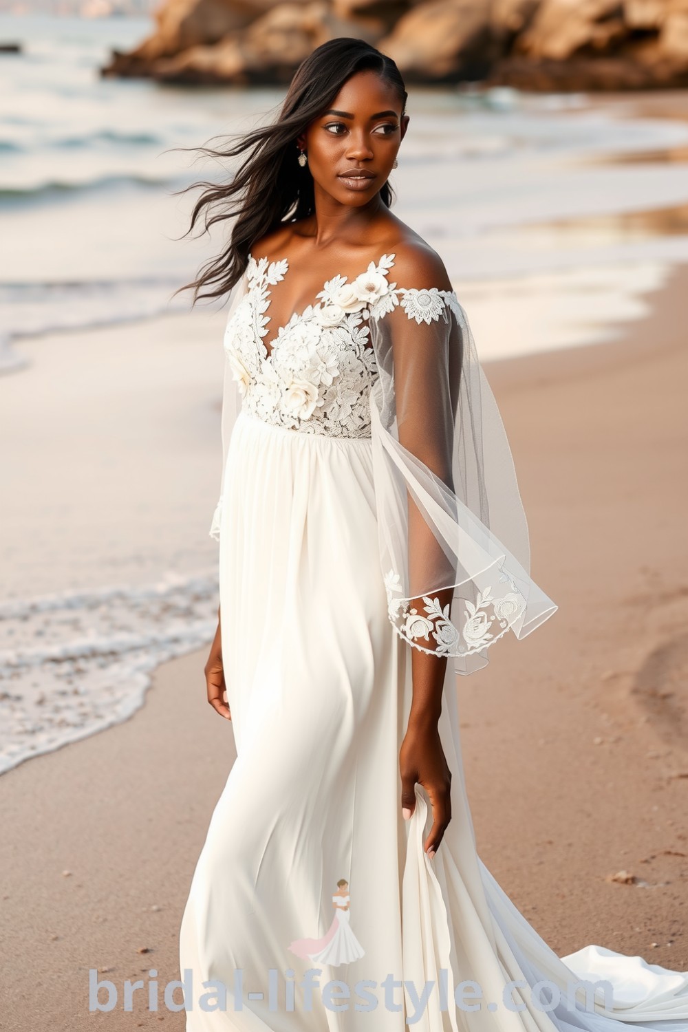 A bride of Black heritage wearing a stunning boho beach wedding dress with an off-the-shoulder neckline, intricate floral appliqués, and a flowing lace silhouette, perfect for a romantic seaside ceremony. bridal-lifestyle.com