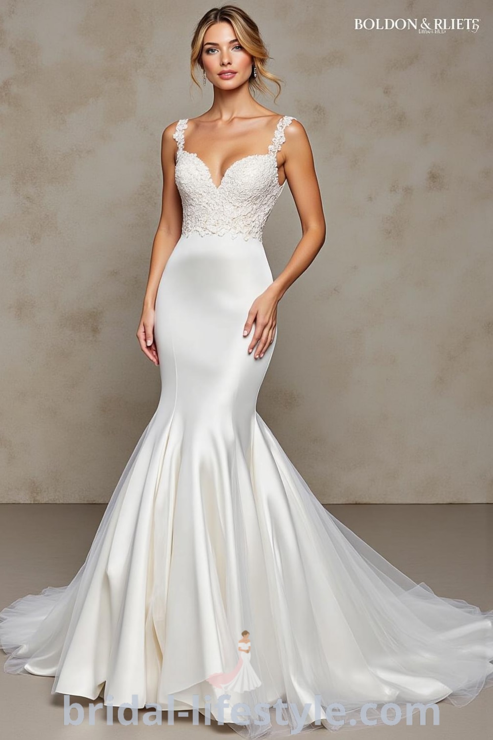 A mermaid wedding dress made of satin with a detachable tulle train and lace appliqués on the sweetheart neckline, showcasing an elegant silhouette. bridal-lifestyle.com
