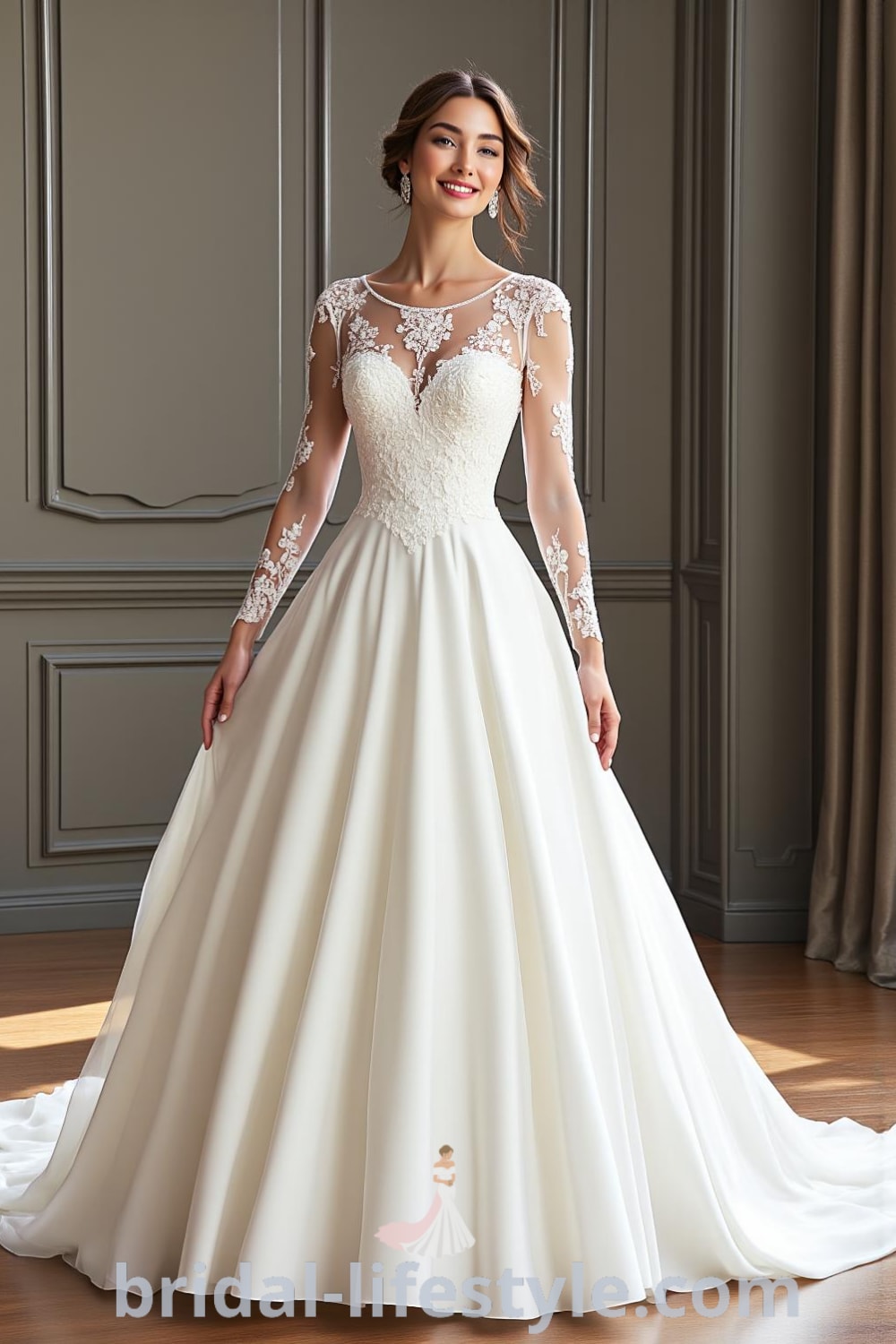 A-line wedding dress with sheer lace long sleeves, flowing satin skirt, and floral appliqués on the bodice. bridal-lifestyle.com