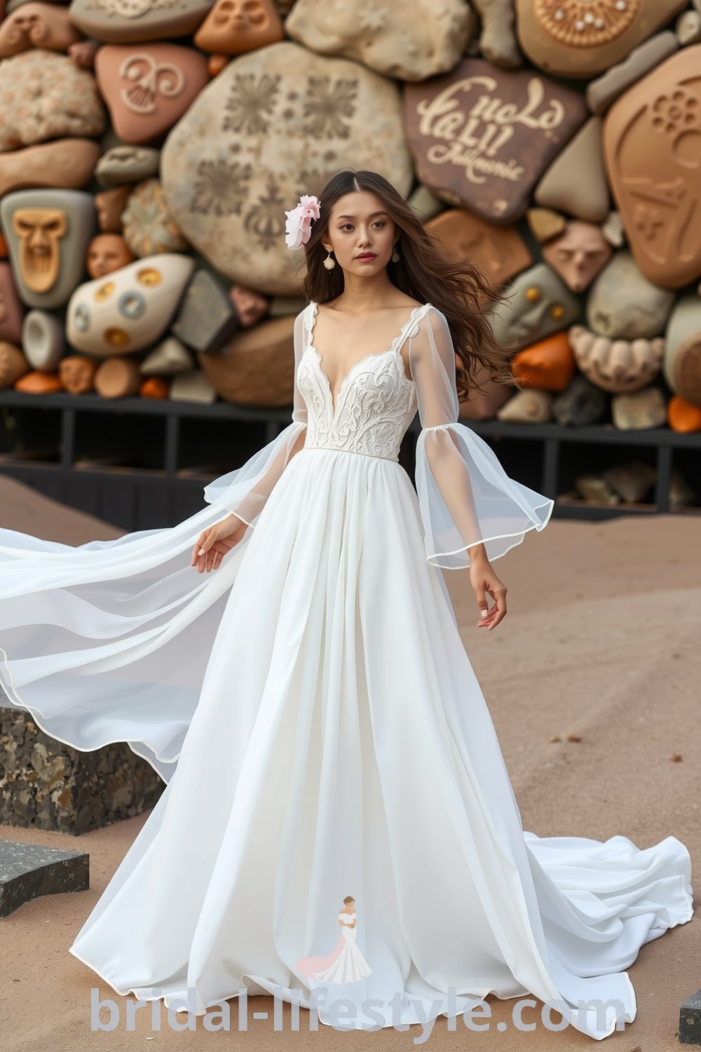 Elegant boho beach wedding dress made of airy chiffon with A-line silhouette, intricate lace detailing, and cascading sleeves, ideal for seaside weddings. bridal-lifestyle.com