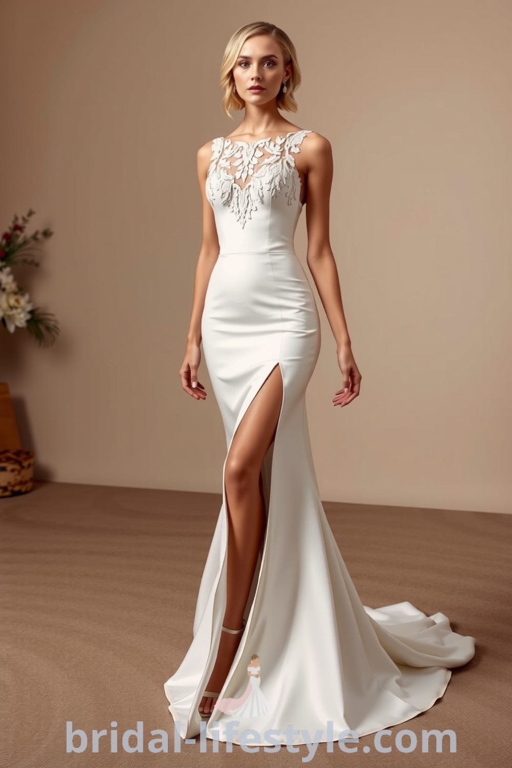 Fit and flare wedding dress in luxurious satin with a thigh-high slit, lace appliqués on the sweetheart neckline, and a flared skirt. bridal-lifestyle.com