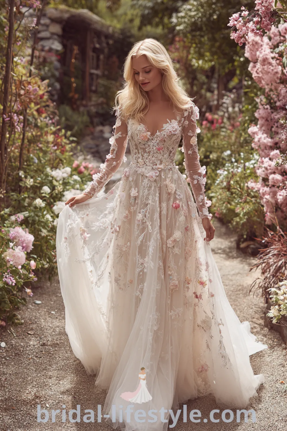 Bohemian floral wedding dress with A-line silhouette, delicate 3D floral accents, garden wedding style, illusion long sleeves.