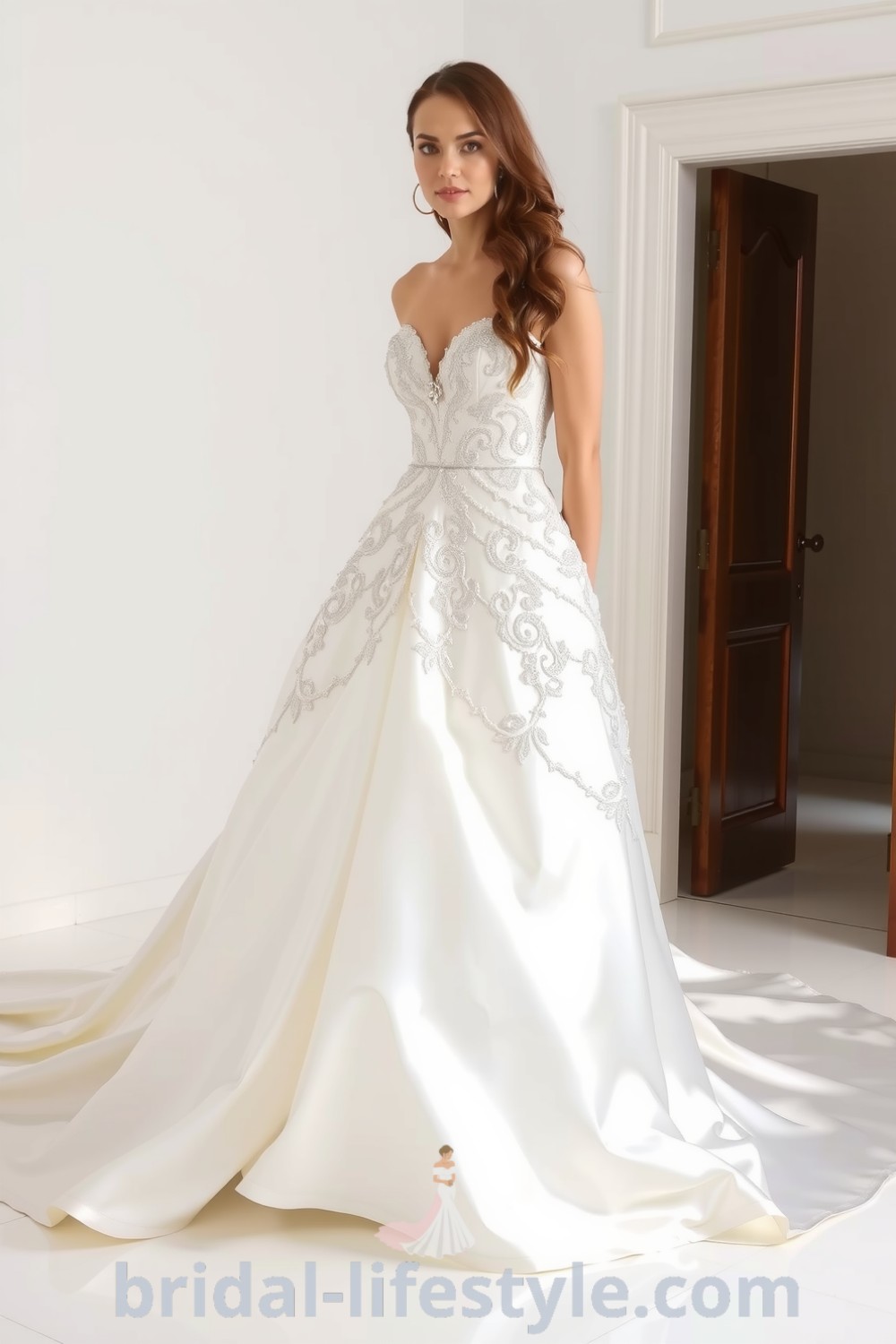 Elegant princess-style wedding dress with a voluminous satin skirt, lace overlay, fitted bodice with beadwork, and a sweeping train, ideal for dreamy brides looking for inspiration for their special day. bridal-lifestyle.com