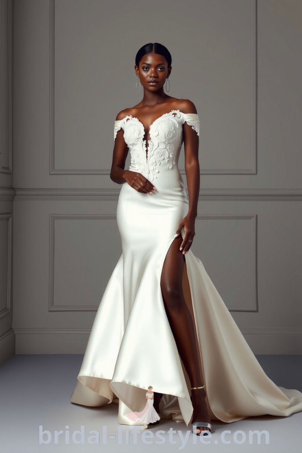 Fit and flare wedding dress made of luxurious satin, featuring a thigh-high slit, intricate lace appliqués on the bodice, and an off-shoulder neckline. bridal-lifestyle.com