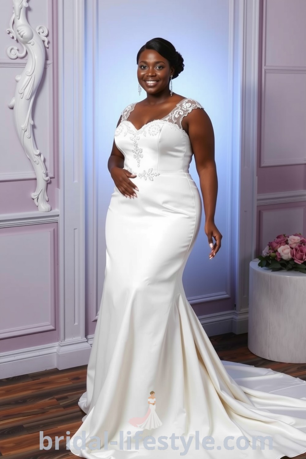 Plus-size A-line wedding dress made from soft satin with lace appliqués on the bodice and a sweetheart neckline, featuring a flowing silhouette and a slight train. bridal-lifestyle.com