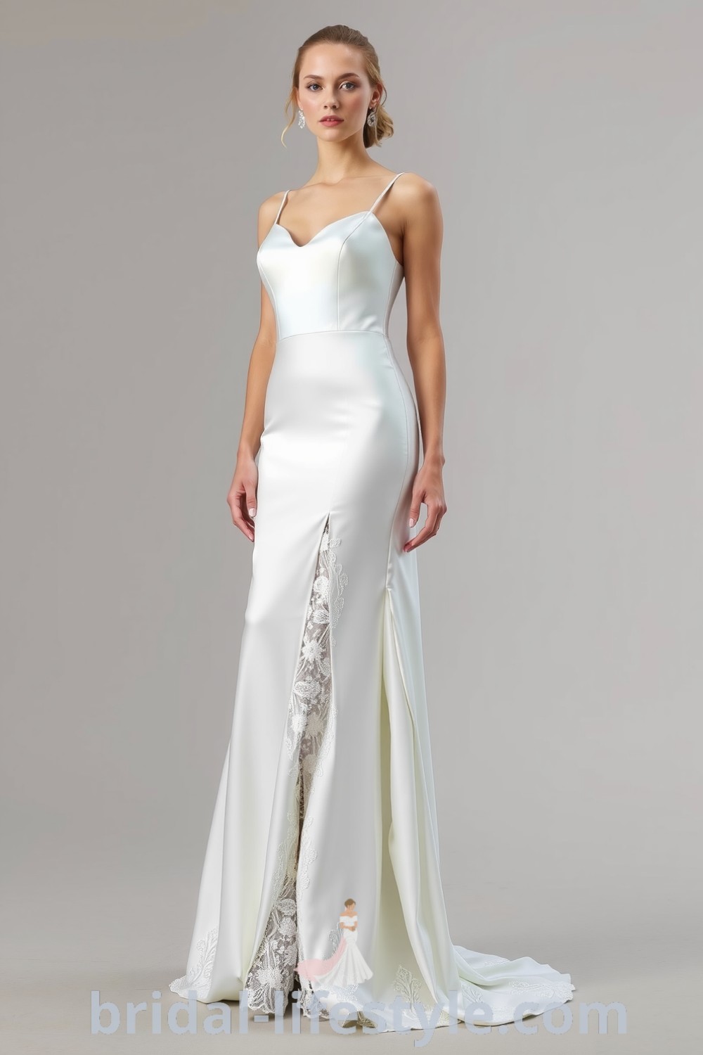 Fit and flare wedding dress made of satin with a thigh-high slit and lace detailing, showcasing a stylish silhouette and elegant draping. bridal-lifestyle.com