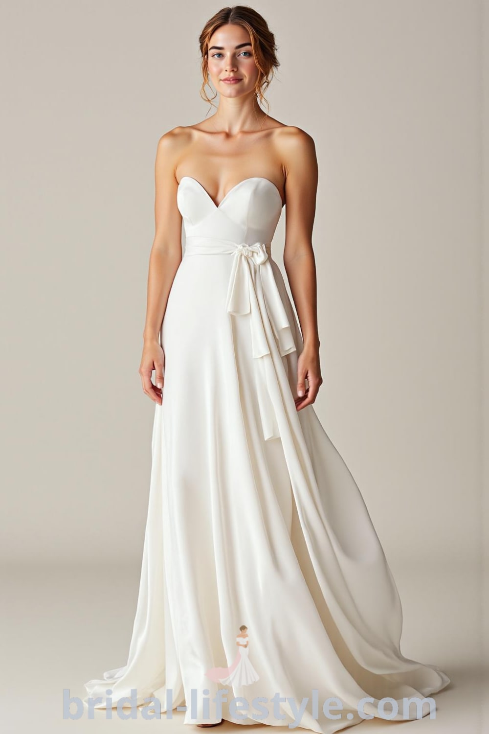 Elegant minimalist long wedding dress with a flowing satin silhouette, subtle scoop neckline, and sleek back, designed for a bride