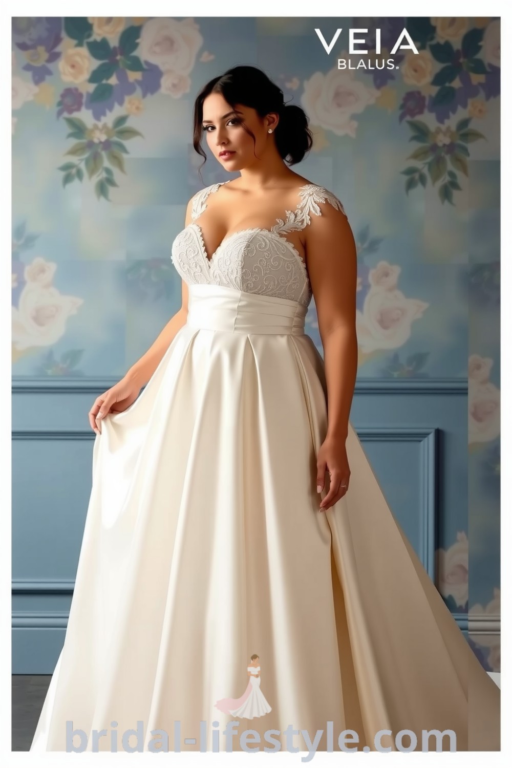 Plus size fit and flare wedding dress in satin with a romantic skirt and lace appliqués on the sweetheart neckline, showcasing elegance and beauty. bridal-lifestyle.com