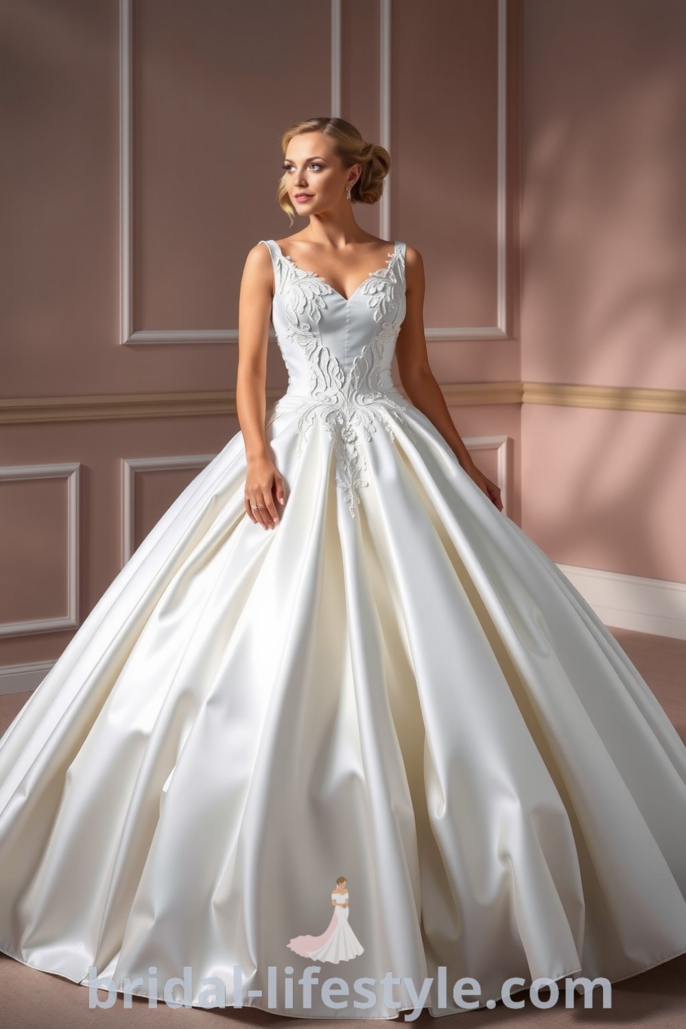 Elegant satin ballgown with voluminous skirt, lace appliqués, and sweetheart neckline, perfect for dreamy brides seeking timeless wedding inspiration. bridal-lifestyle.com