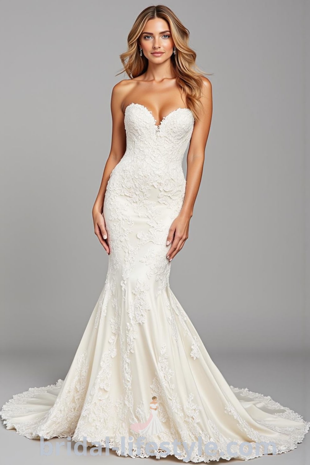 A stunning mermaid wedding dress made of satin with lace appliqués and a sweetheart neckline, featuring a detachable tulle train for a glamorous look. bridal-lifestyle.com