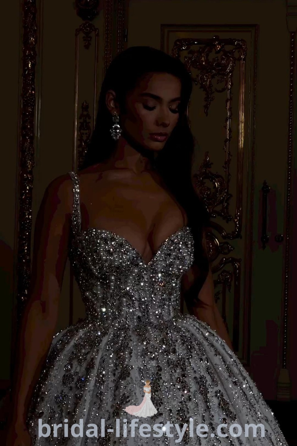 A glittery corset wedding dress featuring stunning sequins and crystals, ideal for brides seeking elegant and dreamy wedding attire. This gown showcases the best trends in bridal fashion, offering inspiration for every bride