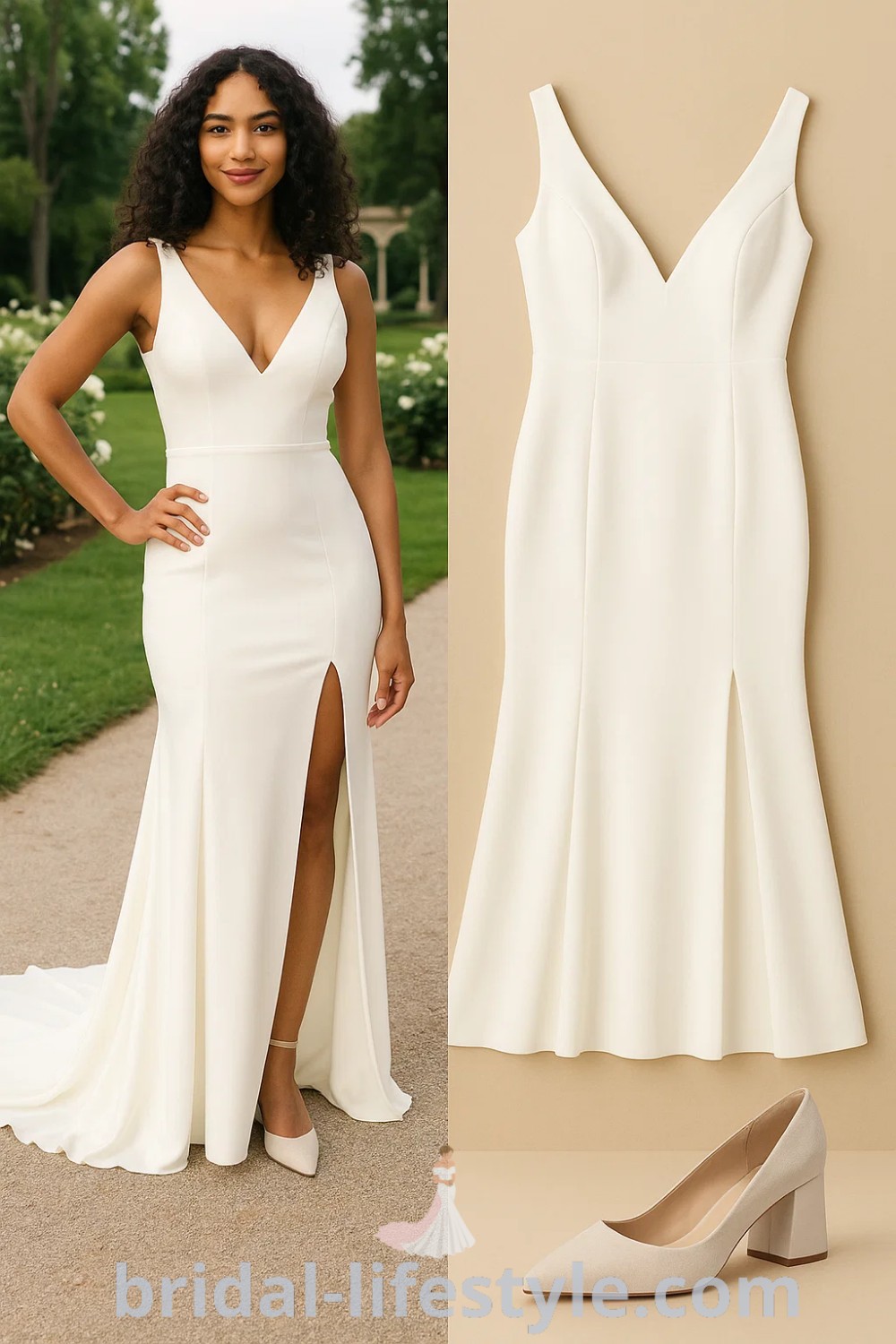 Fitted white mermaid wedding dress with deep V-neckline and side slit, elegant and sophisticated style, paired with beige block-heeled pumps, perfect for weddings and formal events, featuring organza shawl and detachable sleeves options, find more at pinshoesoutfits.com.